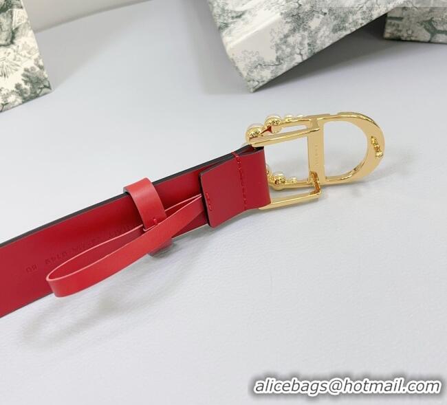 Good Product Dior Calfskin Leather Belt 3cm with Pearls CD Buckle 0108 Red 2025