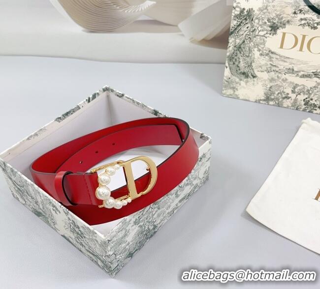 Good Product Dior Calfskin Leather Belt 3cm with Pearls CD Buckle 0108 Red 2025