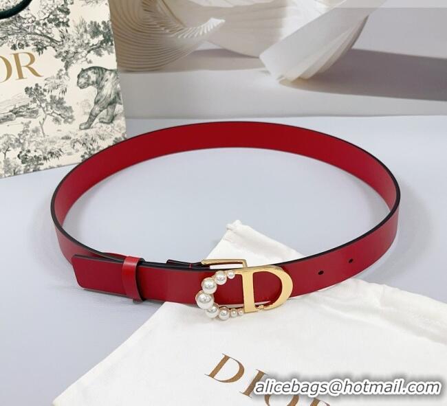 Good Product Dior Calfskin Leather Belt 3cm with Pearls CD Buckle 0108 Red 2025