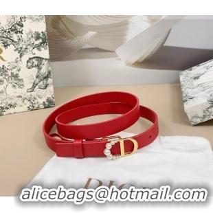 Original Cheap Dior Calfskin Leather Belt 2cm with Pearls CD Buckle 0108 Red 2025