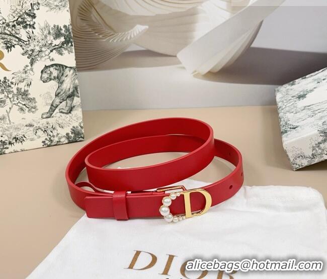 Original Cheap Dior Calfskin Leather Belt 2cm with Pearls CD Buckle 0108 Red 2025