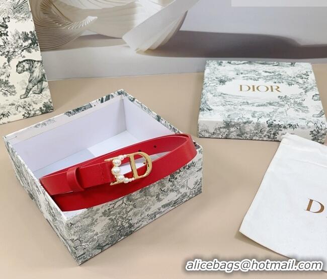 Original Cheap Dior Calfskin Leather Belt 2cm with Pearls CD Buckle 0108 Red 2025