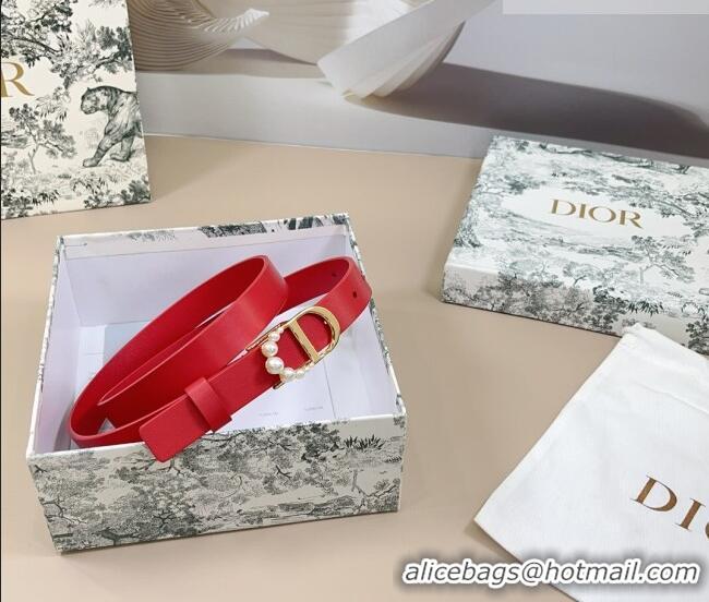 Original Cheap Dior Calfskin Leather Belt 2cm with Pearls CD Buckle 0108 Red 2025