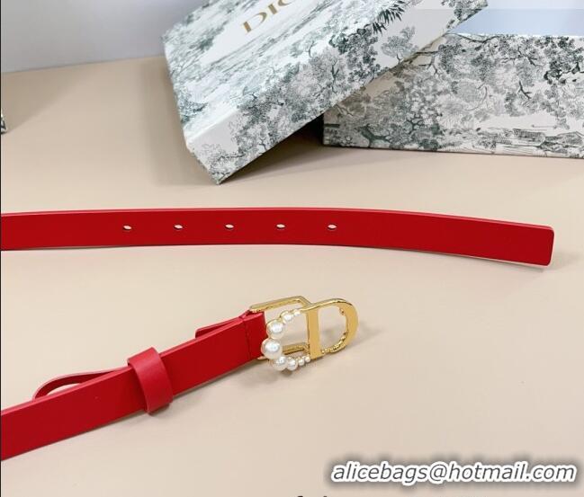 Original Cheap Dior Calfskin Leather Belt 2cm with Pearls CD Buckle 0108 Red 2025