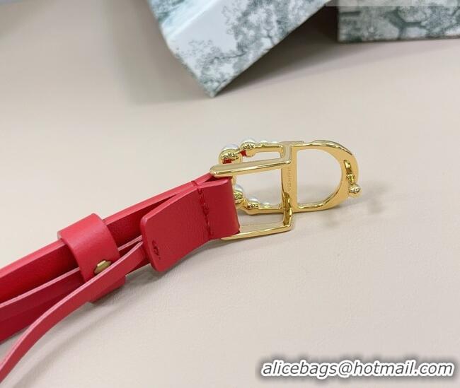 Original Cheap Dior Calfskin Leather Belt 2cm with Pearls CD Buckle 0108 Red 2025