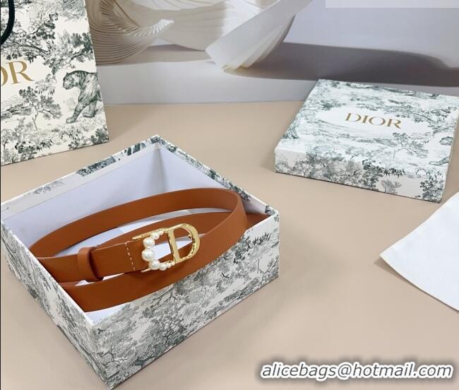 Promotional Dior Calfskin Leather Belt 2cm with Pearls CD Buckle 0108 Brown/Gold 2025