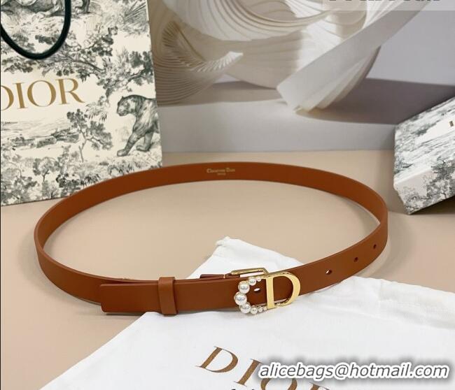 Promotional Dior Calfskin Leather Belt 2cm with Pearls CD Buckle 0108 Brown/Gold 2025