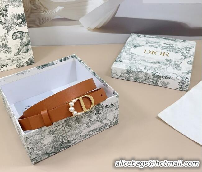 Promotional Dior Calfskin Leather Belt 2cm with Pearls CD Buckle 0108 Brown/Gold 2025