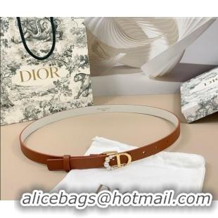 Well Crafted Dior Calfskin Leather Belt 2cm with Pearls CD Buckle 0108 Brown/White 2025