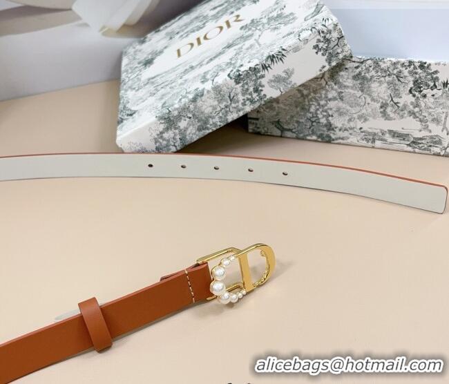 Well Crafted Dior Calfskin Leather Belt 2cm with Pearls CD Buckle 0108 Brown/White 2025