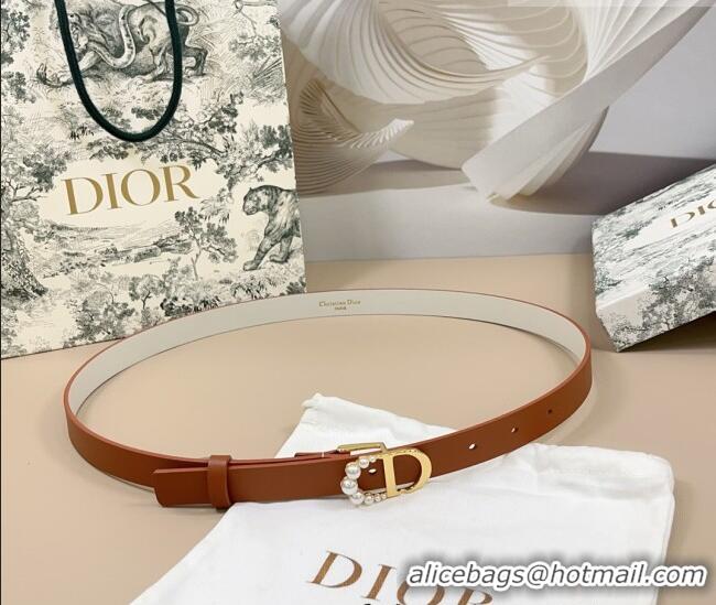 Well Crafted Dior Calfskin Leather Belt 2cm with Pearls CD Buckle 0108 Brown/White 2025