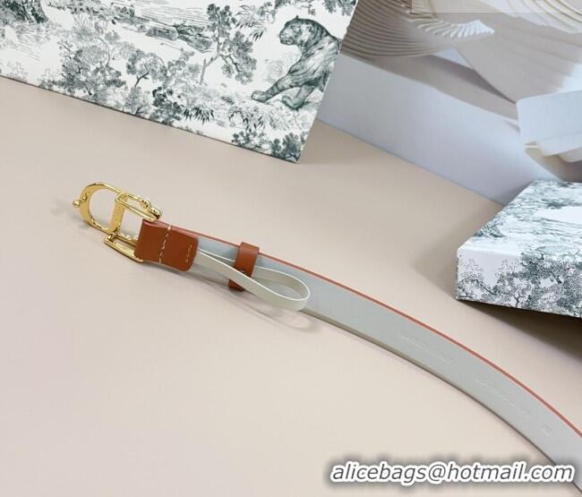 Well Crafted Dior Calfskin Leather Belt 2cm with Pearls CD Buckle 0108 Brown/White 2025