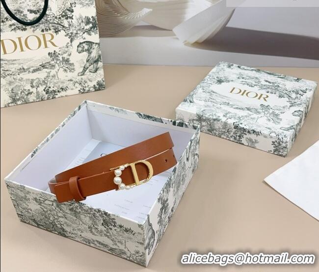 Well Crafted Dior Calfskin Leather Belt 2cm with Pearls CD Buckle 0108 Brown/White 2025