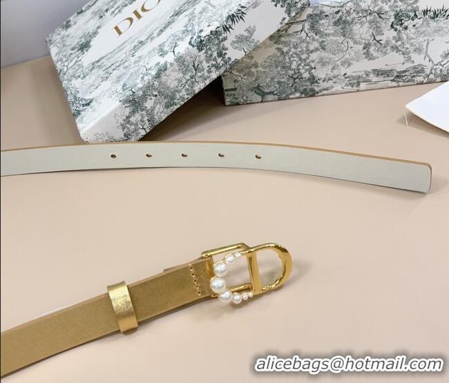Famous Brand Dior Calfskin Leather Belt 2cm with Pearls CD Buckle 0108 Gold/White 2025