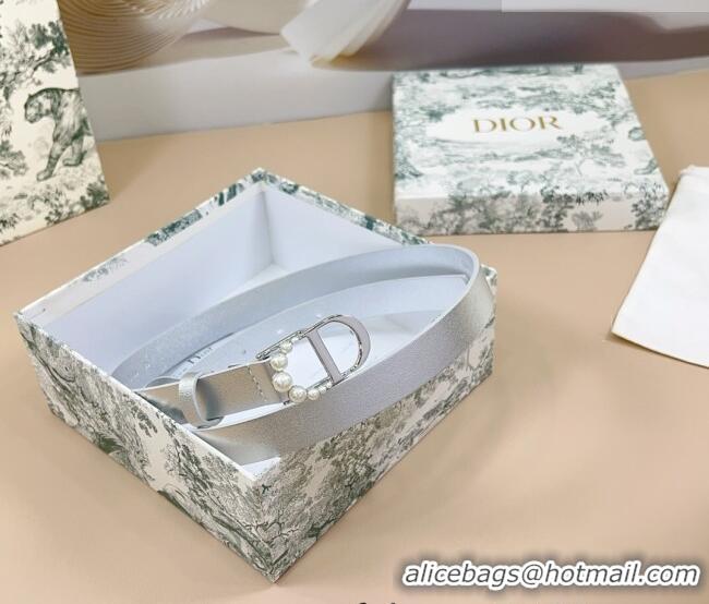 Shop Discount Dior Calfskin Leather Belt 2cm with Pearls CD Buckle 0108 Silver-Tone 2025