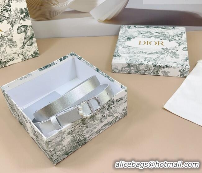 Shop Discount Dior Calfskin Leather Belt 2cm with Pearls CD Buckle 0108 Silver-Tone 2025
