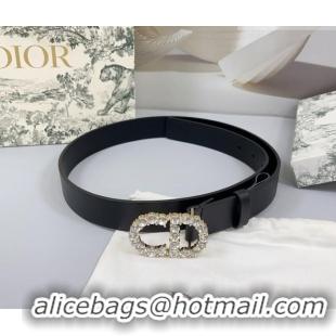 Inexpensive Dior Calfskin Leather Belt 3cm with Strass CD Buckle 0108 Black/Gold 2025