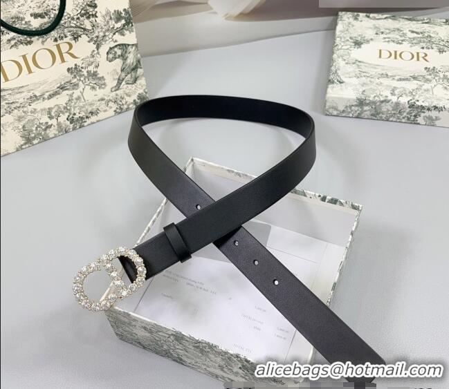 Inexpensive Dior Calfskin Leather Belt 3cm with Strass CD Buckle 0108 Black/Gold 2025