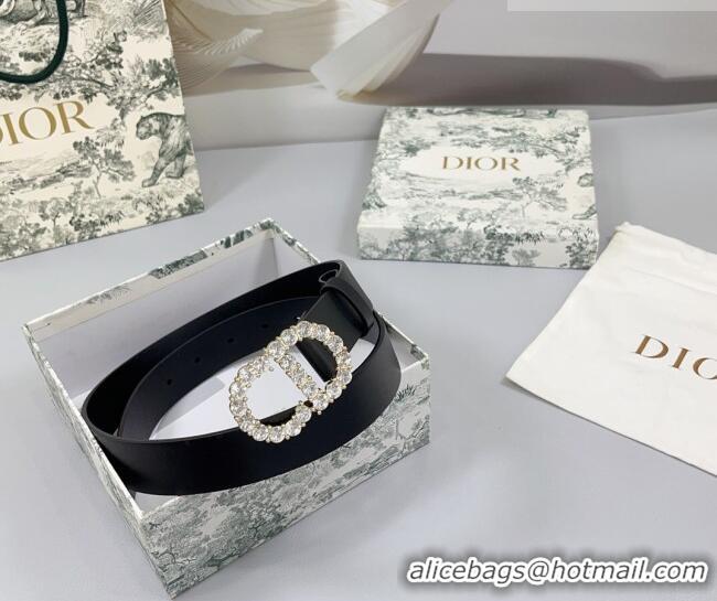 Inexpensive Dior Calfskin Leather Belt 3cm with Strass CD Buckle 0108 Black/Gold 2025