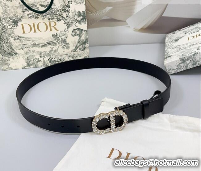 Inexpensive Dior Calfskin Leather Belt 3cm with Strass CD Buckle 0108 Black/Gold 2025