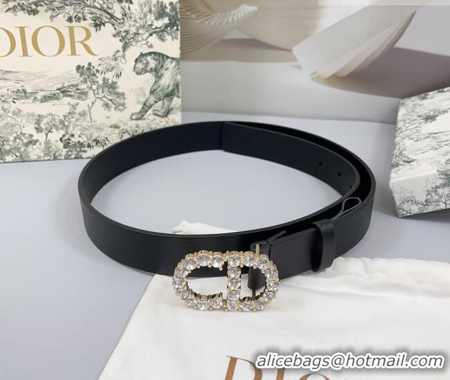 Inexpensive Dior Calfskin Leather Belt 3cm with Strass CD Buckle 0108 Black/Gold 2025