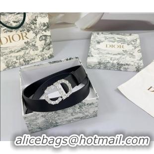 Famous Brand Dior Calfskin Leather Belt 3cm with Strass CD Buckle 0108 Black/Silver 2025