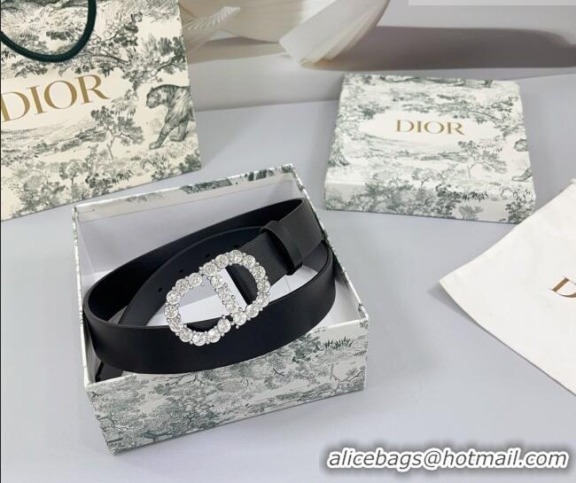 Famous Brand Dior Calfskin Leather Belt 3cm with Strass CD Buckle 0108 Black/Silver 2025