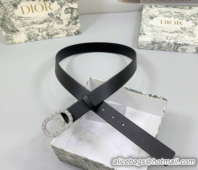 Famous Brand Dior Calfskin Leather Belt 3cm with Strass CD Buckle 0108 Black/Silver 2025