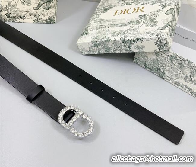 Famous Brand Dior Calfskin Leather Belt 3cm with Strass CD Buckle 0108 Black/Silver 2025