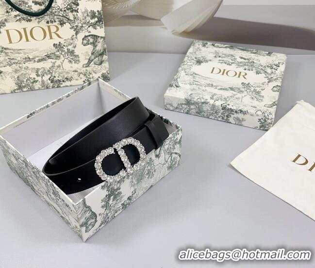 Famous Brand Dior Calfskin Leather Belt 3cm with Strass CD Buckle 0108 Black/Silver 2025