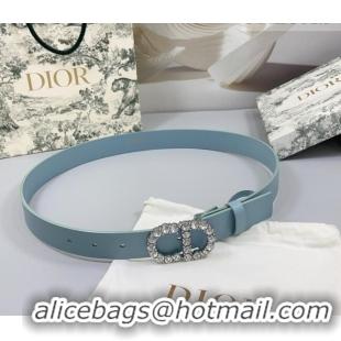 Well Crafted Dior Calfskin Leather Belt 3cm with Strass CD Buckle 0108 Light Blue 2025