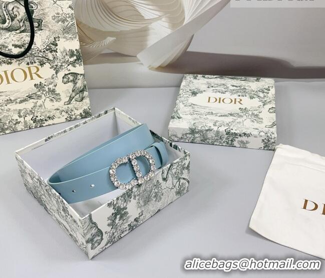Well Crafted Dior Calfskin Leather Belt 3cm with Strass CD Buckle 0108 Light Blue 2025