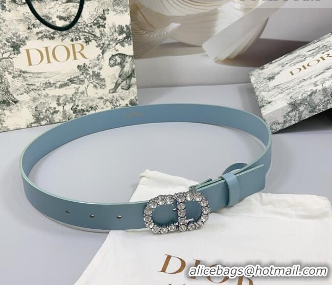 Well Crafted Dior Calfskin Leather Belt 3cm with Strass CD Buckle 0108 Light Blue 2025