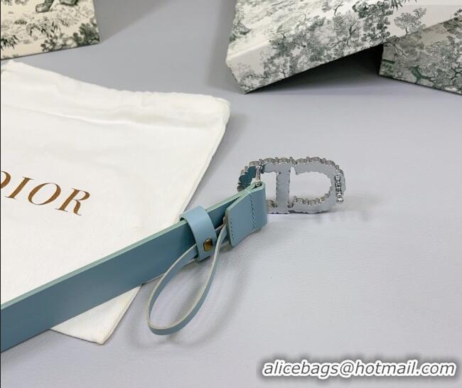 Well Crafted Dior Calfskin Leather Belt 3cm with Strass CD Buckle 0108 Light Blue 2025