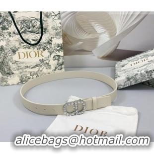 Unique Grade Dior Calfskin Leather Belt 3cm with Strass CD Buckle 0108 White/Silver 2025