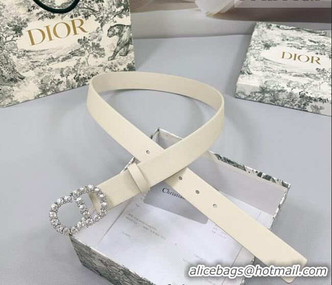 Unique Grade Dior Calfskin Leather Belt 3cm with Strass CD Buckle 0108 White/Silver 2025