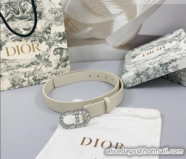 Unique Grade Dior Calfskin Leather Belt 3cm with Strass CD Buckle 0108 White/Silver 2025