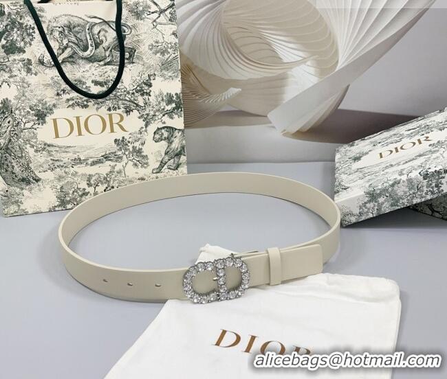 Unique Grade Dior Calfskin Leather Belt 3cm with Strass CD Buckle 0108 White/Silver 2025