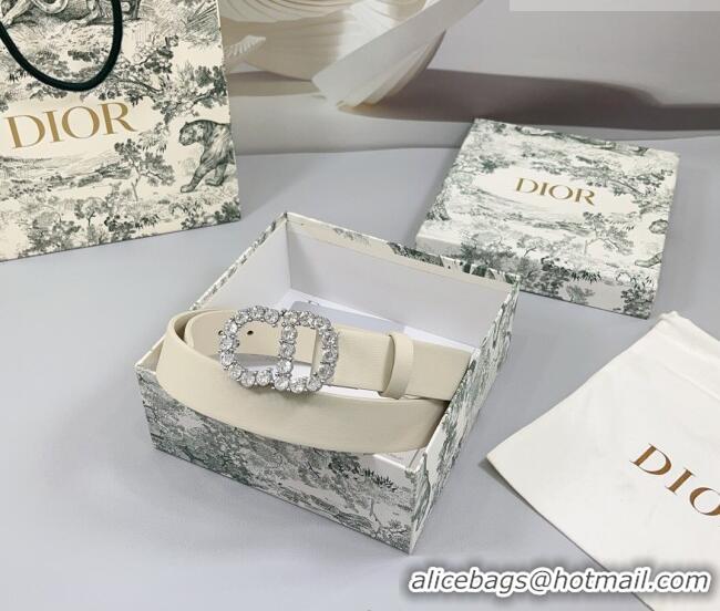 Unique Grade Dior Calfskin Leather Belt 3cm with Strass CD Buckle 0108 White/Silver 2025
