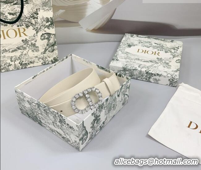 Unique Grade Dior Calfskin Leather Belt 3cm with Strass CD Buckle 0108 White/Silver 2025