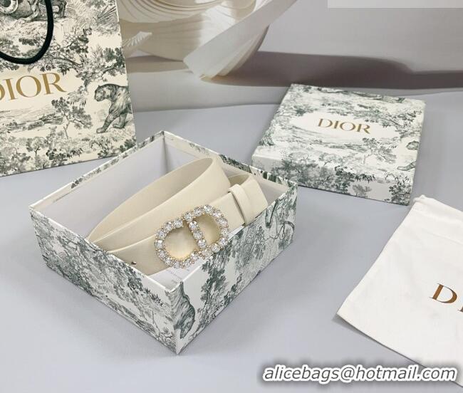 Famous Brand Dior Calfskin Leather Belt 3cm with Strass CD Buckle 0108 White/Gold 2025