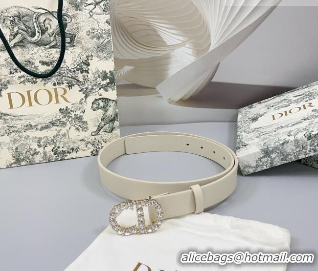 Famous Brand Dior Calfskin Leather Belt 3cm with Strass CD Buckle 0108 White/Gold 2025