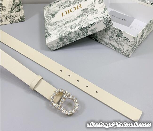 Famous Brand Dior Calfskin Leather Belt 3cm with Strass CD Buckle 0108 White/Gold 2025