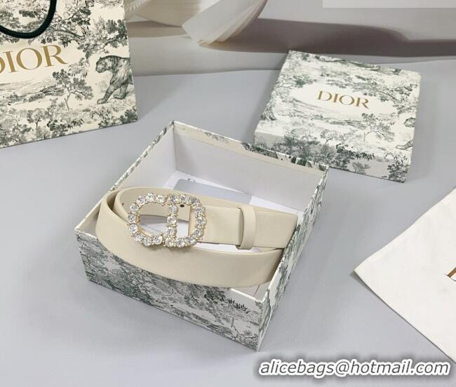 Famous Brand Dior Calfskin Leather Belt 3cm with Strass CD Buckle 0108 White/Gold 2025