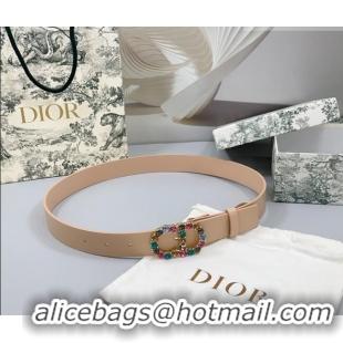 Luxury Cheap Dior Calfskin Leather Belt 3cm with Strass CD Buckle 0108 Light Pink 2025