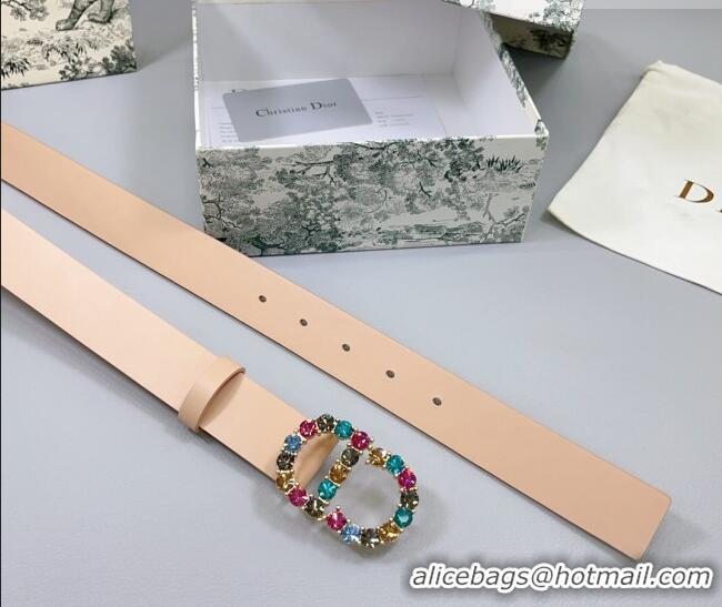 Luxury Cheap Dior Calfskin Leather Belt 3cm with Strass CD Buckle 0108 Light Pink 2025