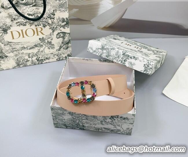 Luxury Cheap Dior Calfskin Leather Belt 3cm with Strass CD Buckle 0108 Light Pink 2025