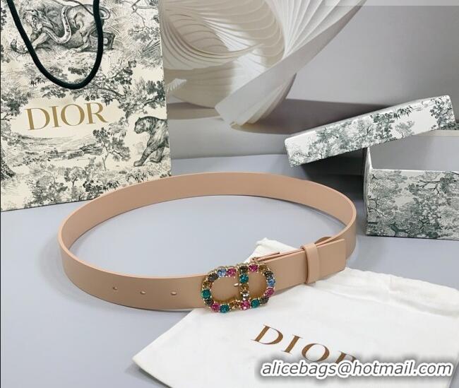 Luxury Cheap Dior Calfskin Leather Belt 3cm with Strass CD Buckle 0108 Light Pink 2025