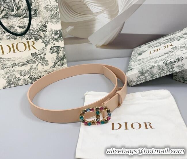 Luxury Cheap Dior Calfskin Leather Belt 3cm with Strass CD Buckle 0108 Light Pink 2025