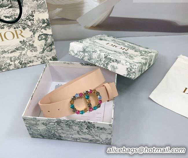 Luxury Cheap Dior Calfskin Leather Belt 3cm with Strass CD Buckle 0108 Light Pink 2025